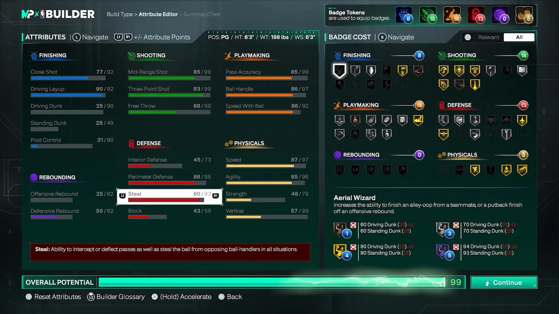 Builder Badge Cost panel with Aerial Wizard selected and its alley-oop / putback description.