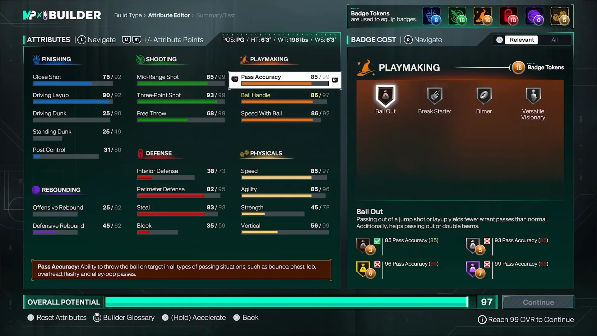 Builder Badge Cost panel with Bail Out selected and its pass-out-of-trouble description.