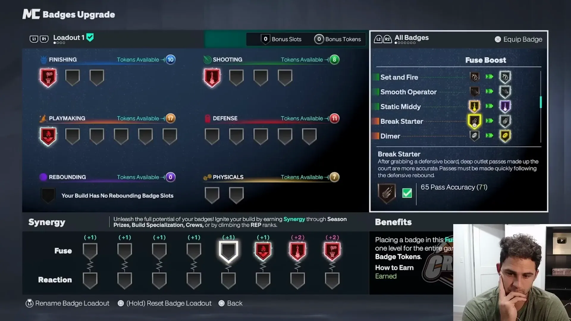 Badges Upgrade panel with Break Starter selected and its defensive-rebound outlet description.