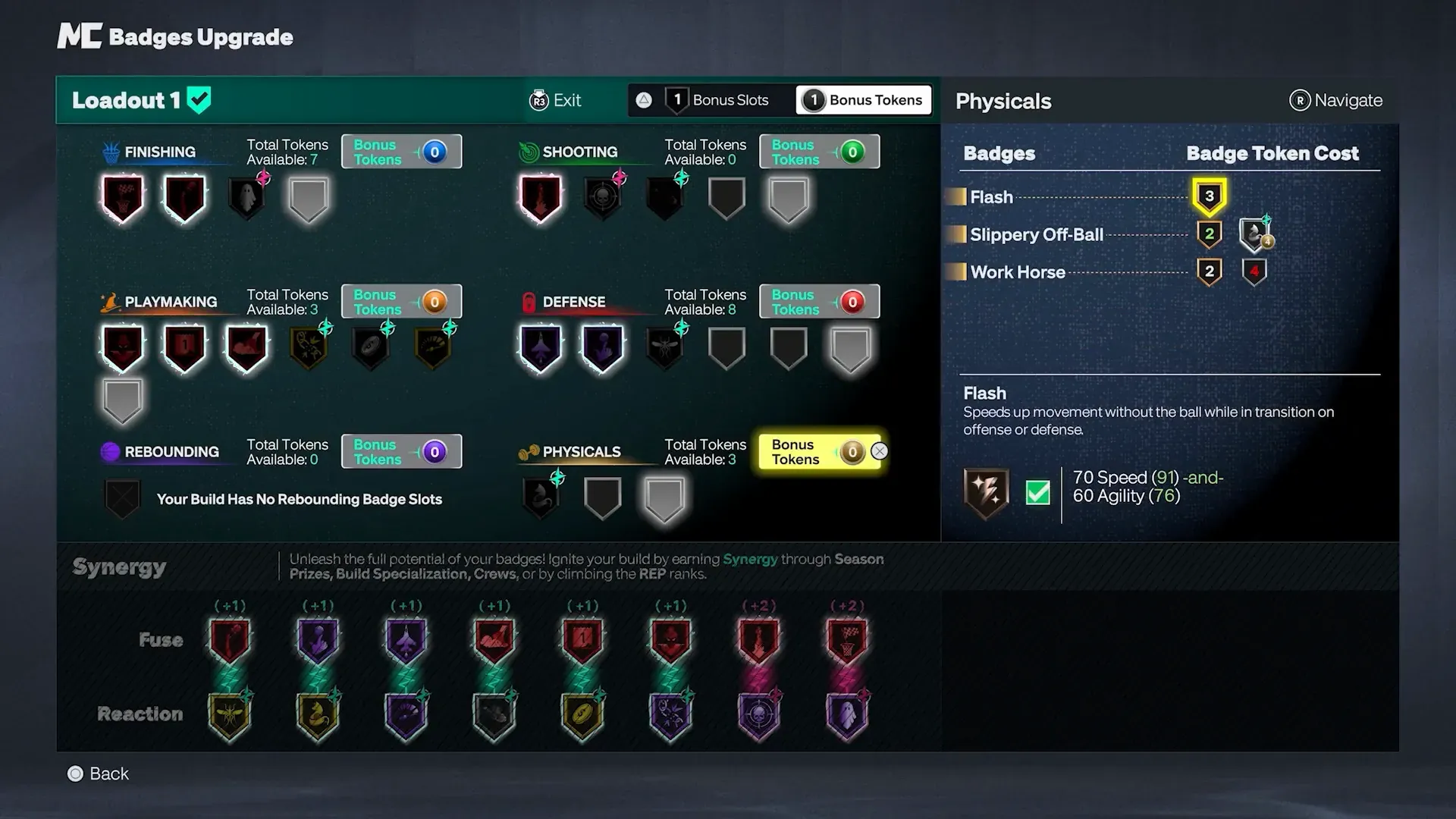 Badges Upgrade Physicals panel with Flash selected and its off-ball transition description.