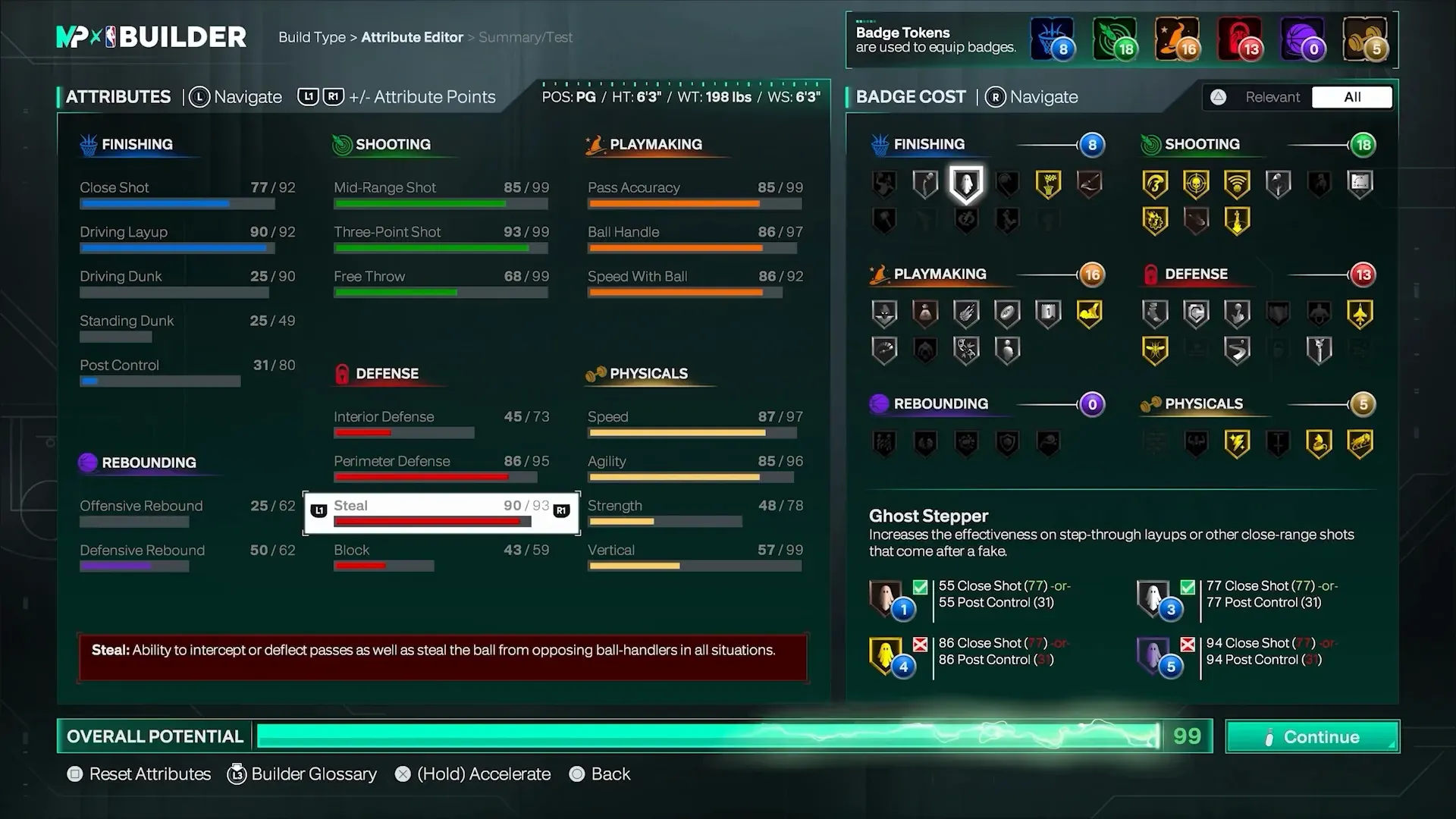Builder Badge Cost panel with Ghost Stepper selected and its step-through-after-fake description.