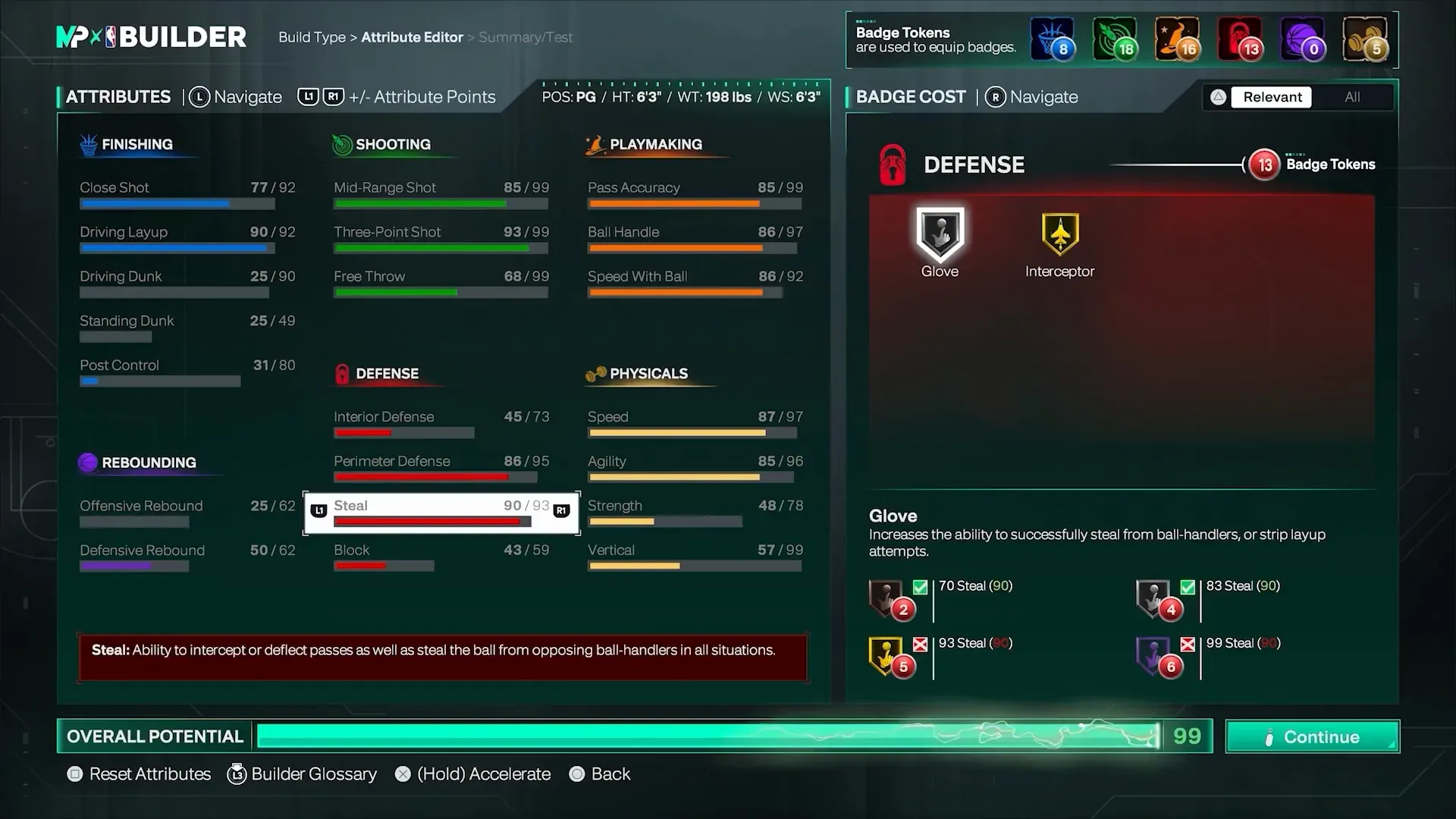 Builder Badge Cost panel with Glove selected and its steal / layup-strip description.