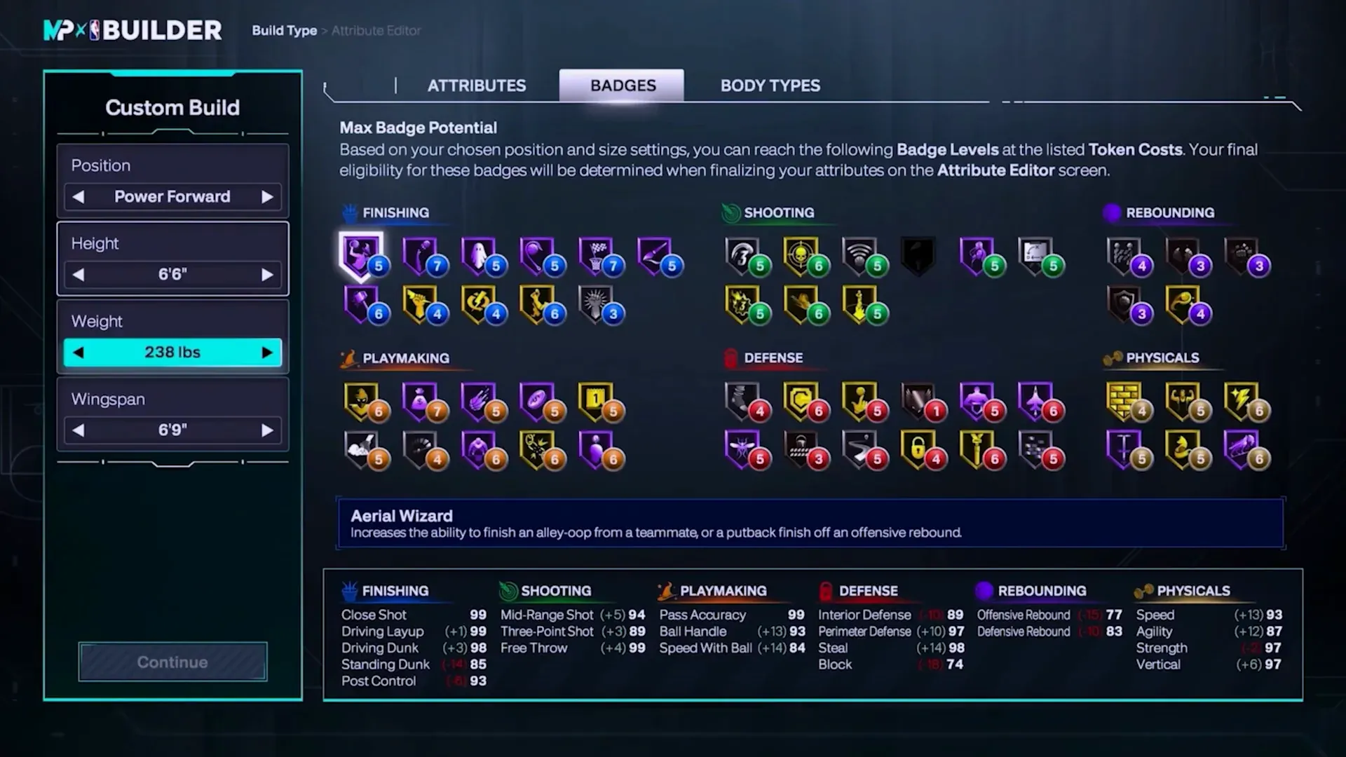 MyPLAYER Builder Badges tab: six disciplines and token costs for max badge potential.