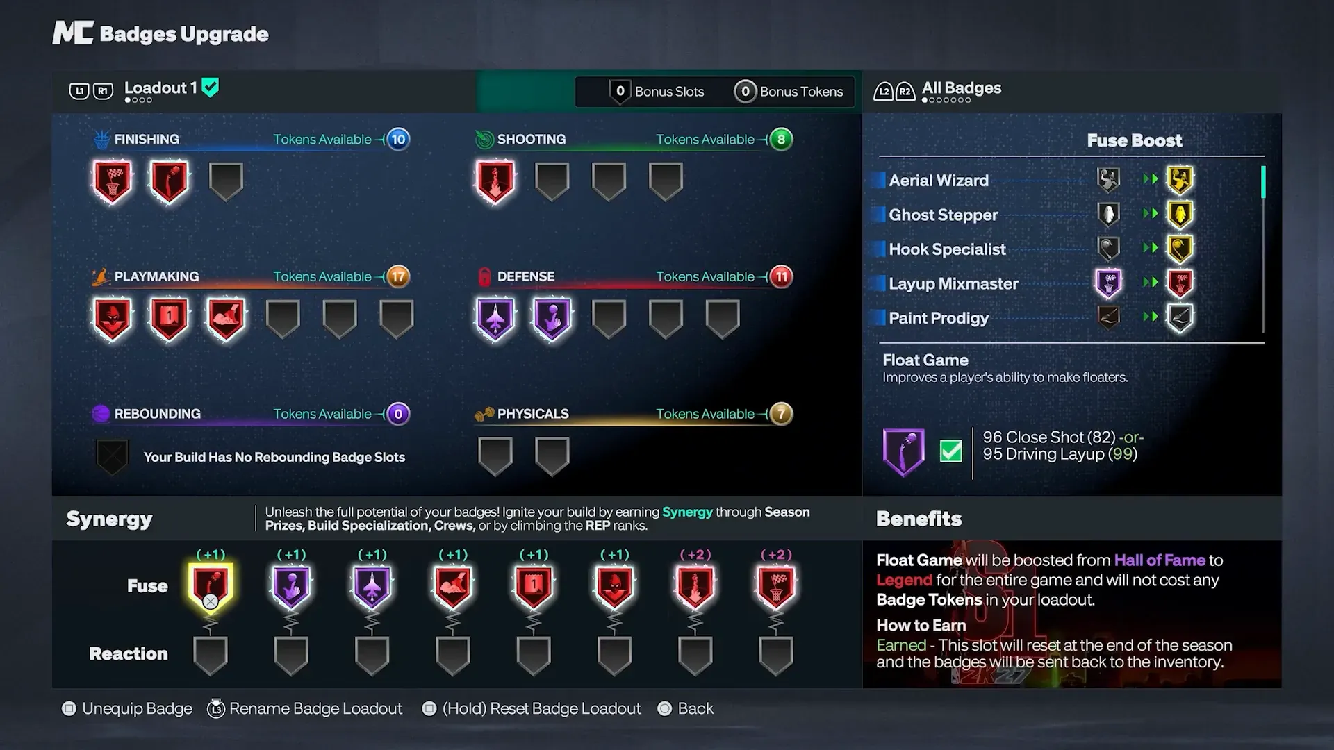 Badges Upgrade loadout: six discipline token pools, equipped slots, and Fuse boost list.