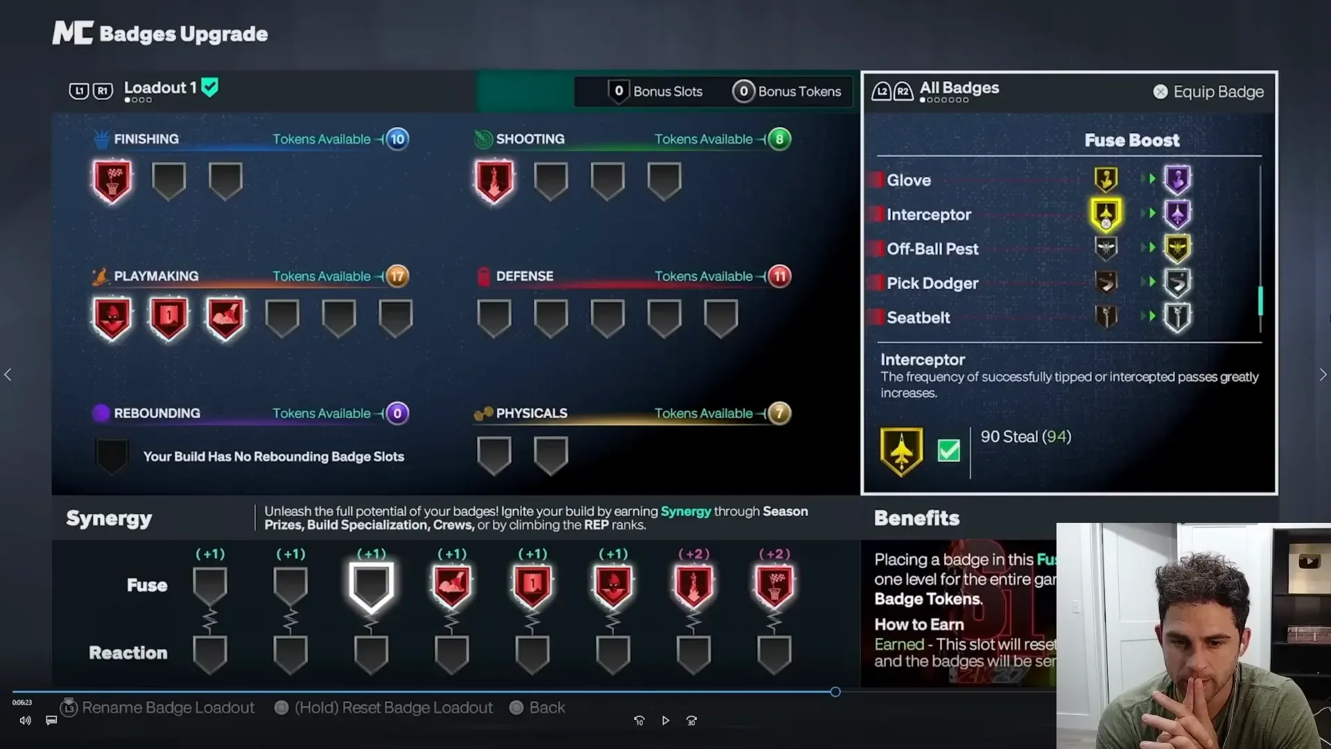 Badges Upgrade panel with Interceptor selected and its tipped-pass description.