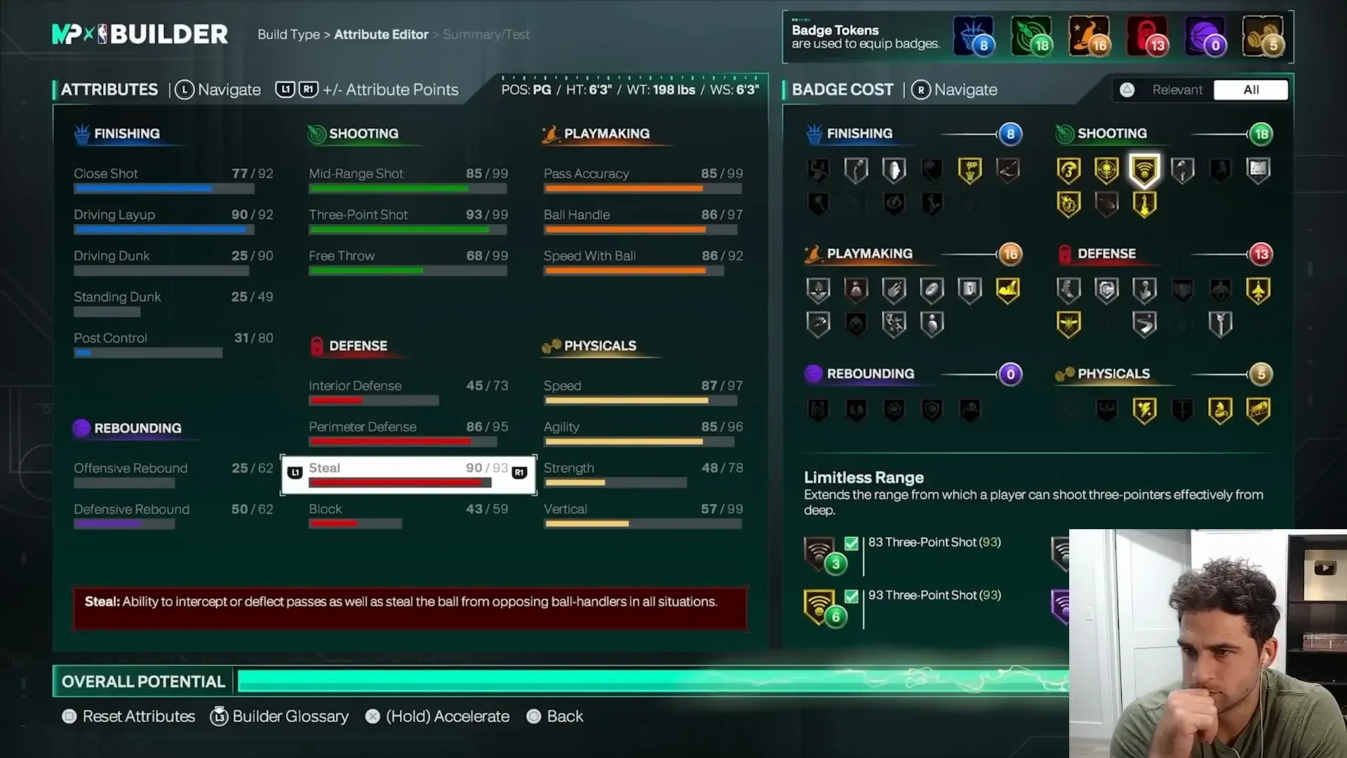 Builder Badge Cost panel with Limitless Range selected and its deep-three description.