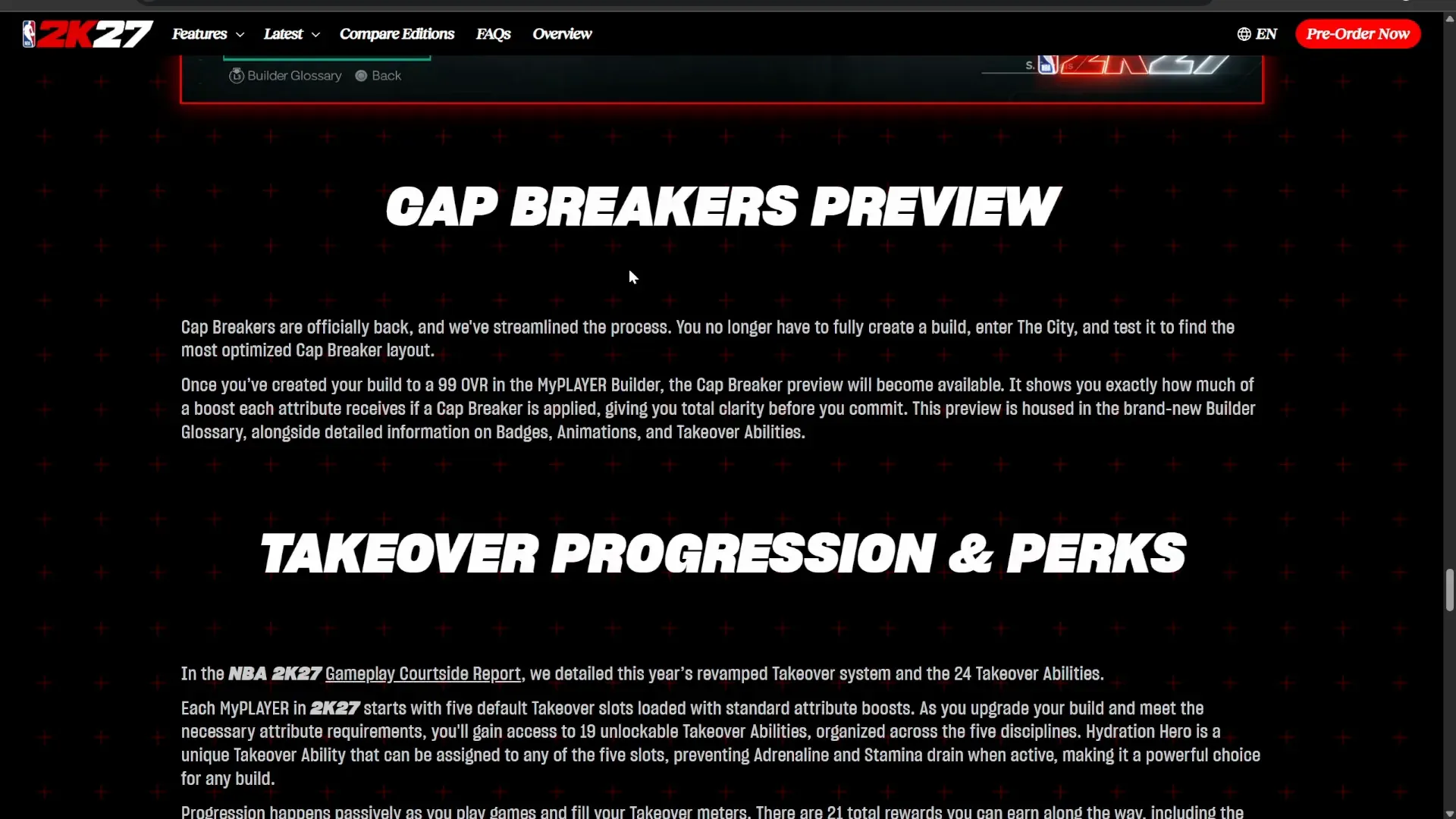 Cap Breakers Preview: after 99 OVR, the Builder Glossary shows each attribute boost before you commit.