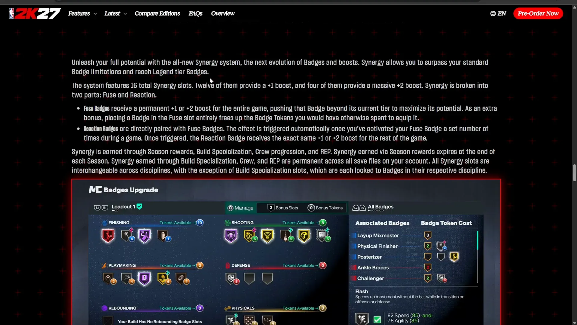 Official Synergy summary: 16 slots, twelve +1 and four +2, with Fuse all game and Reaction after the paired badge fires.