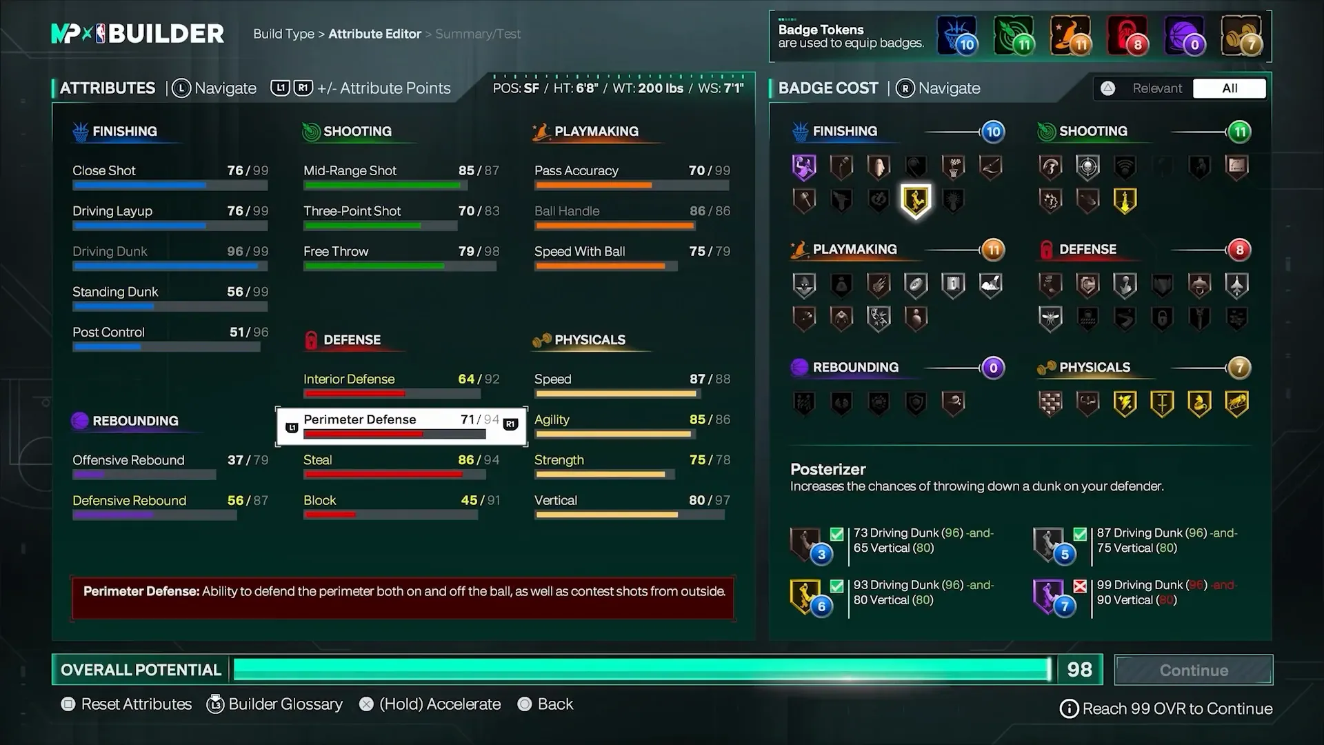 Builder Badge Cost panel with Posterizer selected and its drive-dunk-on-defender description.