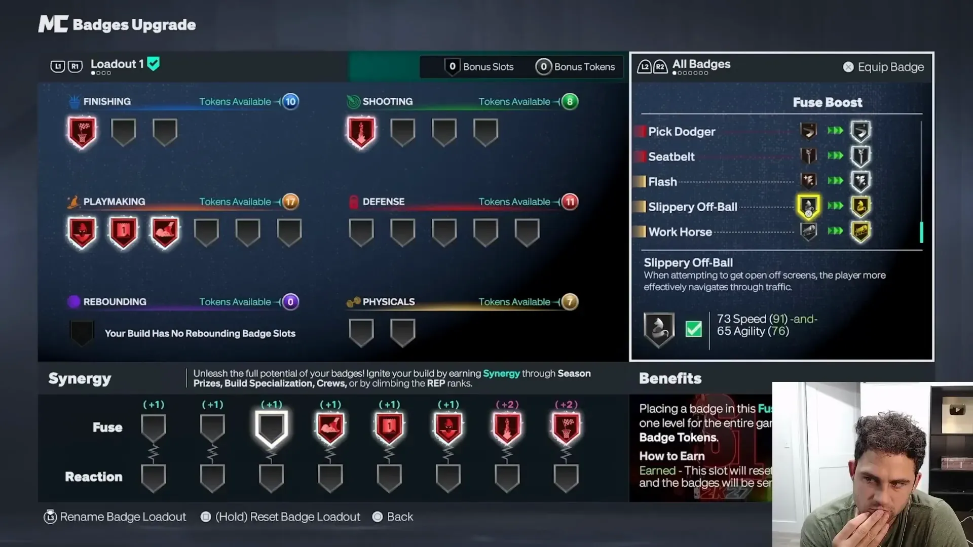 Badges Upgrade panel with Slippery Off-Ball selected and its off-screen traffic description.
