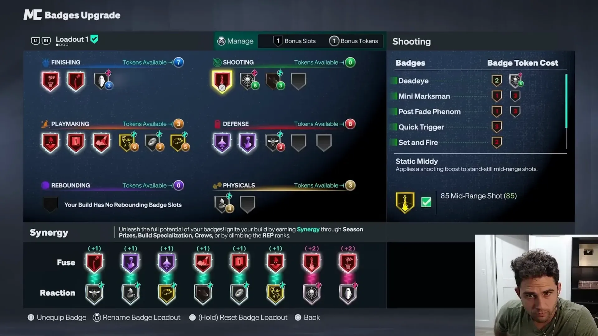 Badges Upgrade panel with Static Middy selected and its stand-still mid-range description.